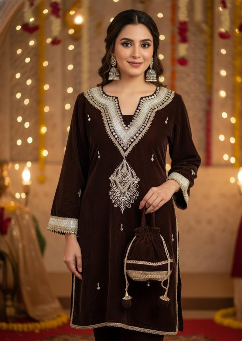 Brown coordset with Potli