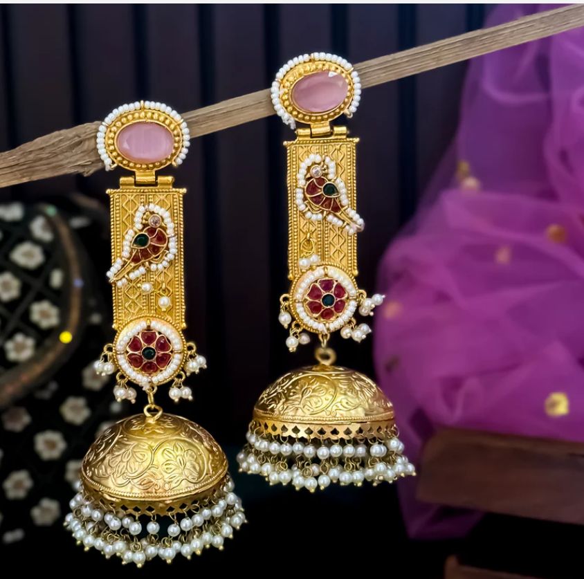 Brass Kashmiri earrings with sparrow motif