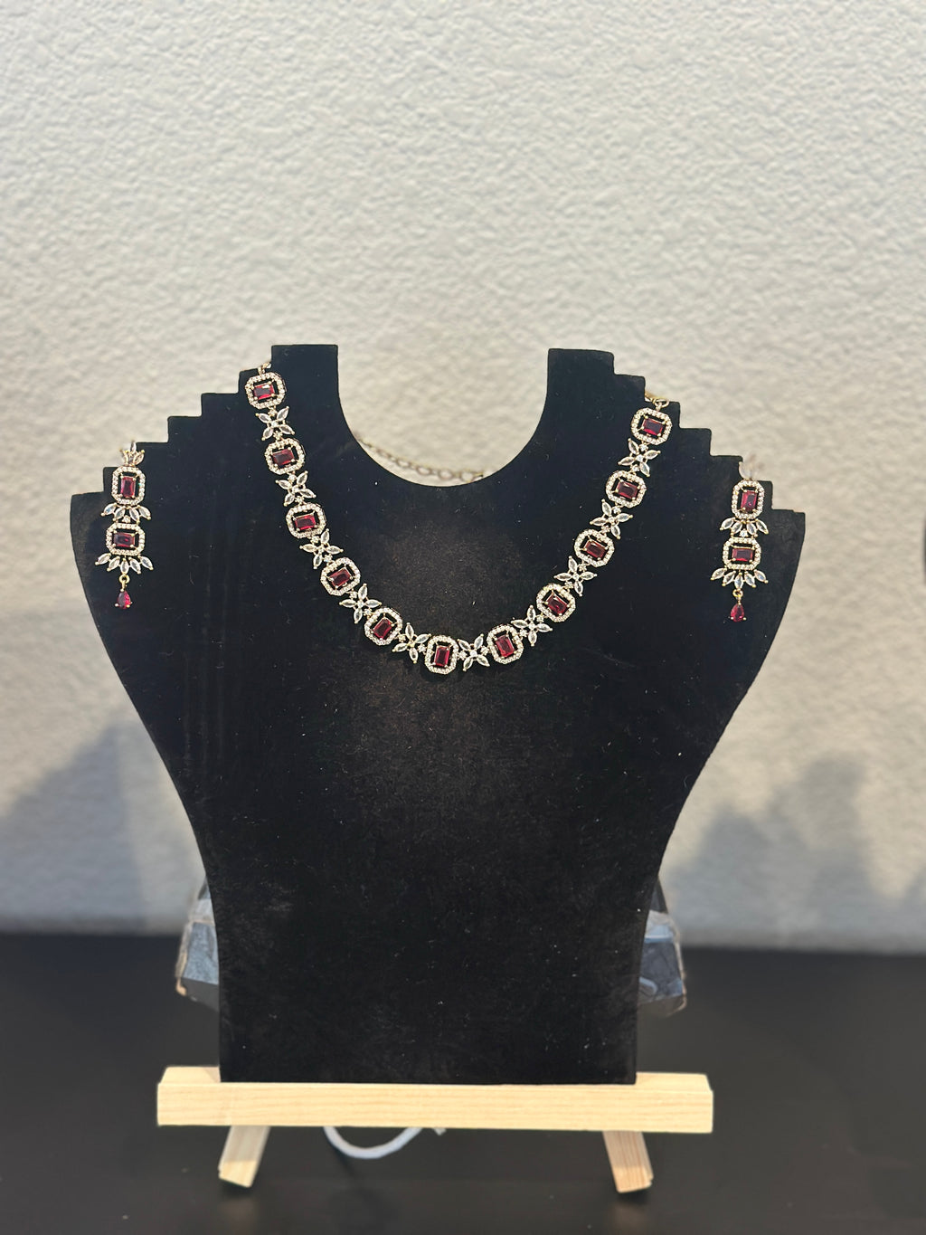 American Diamond Necklace with Earrings: Ruby