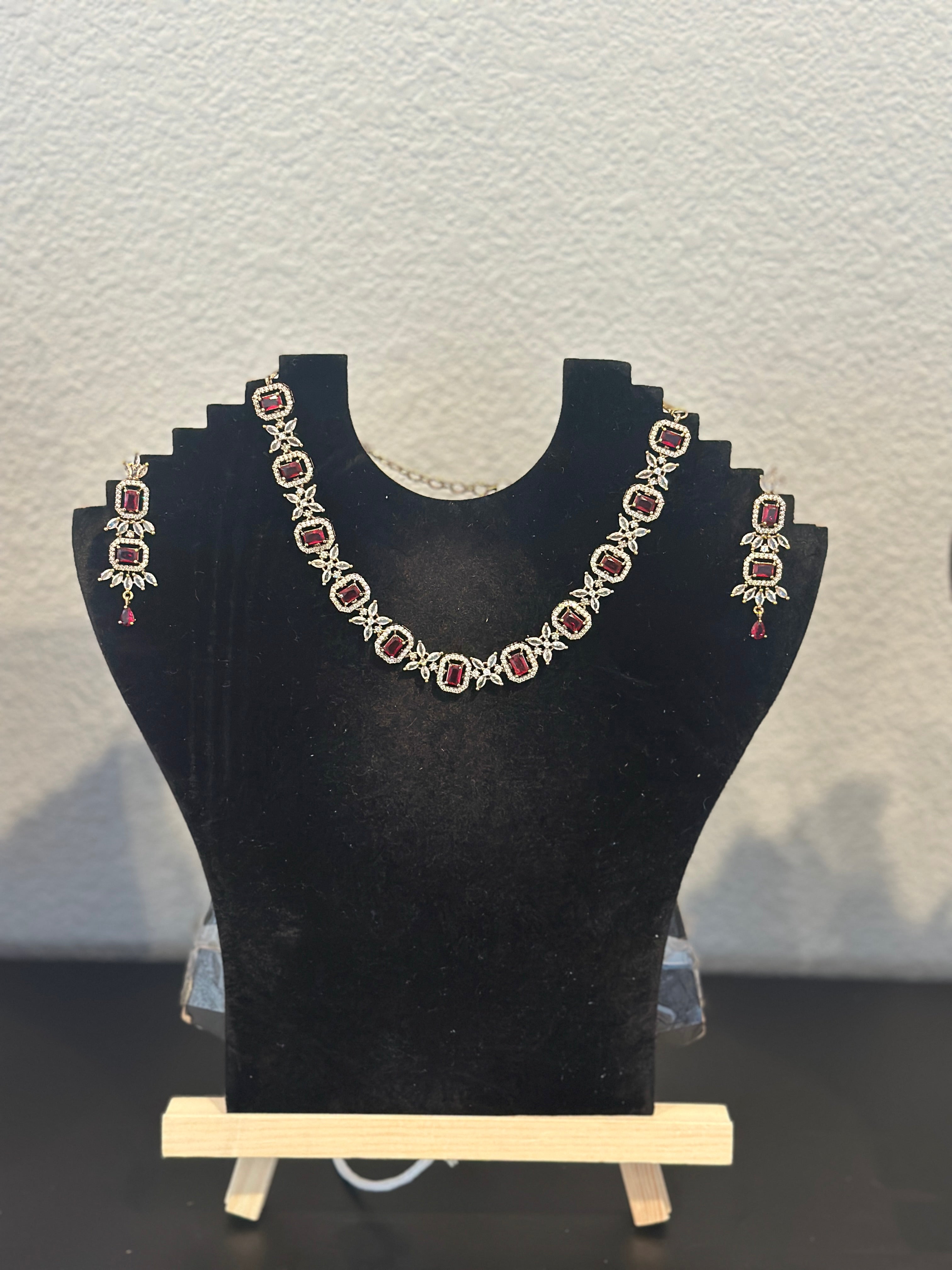 American Diamond Necklace with Earrings: Ruby