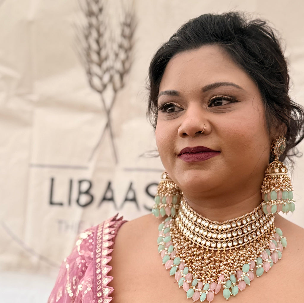 Mint green and pink Necklace with Maang tikka