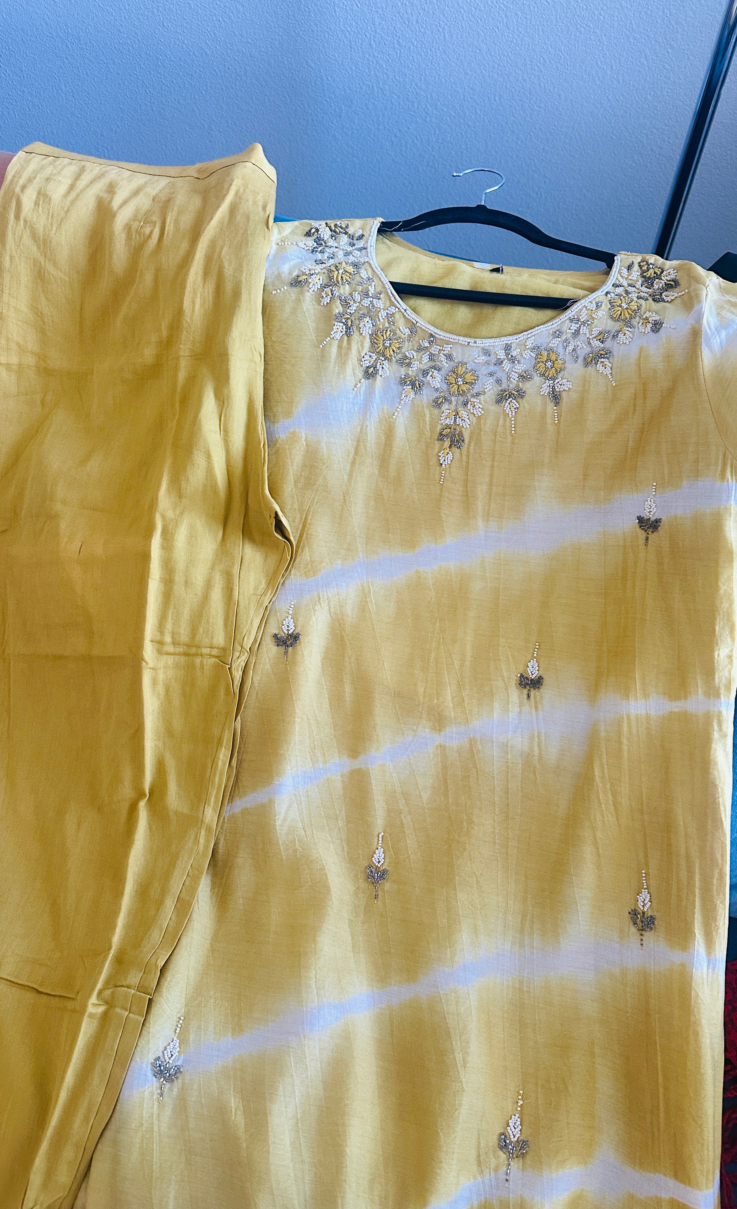 Yellow white suit with mulmul Dupatta