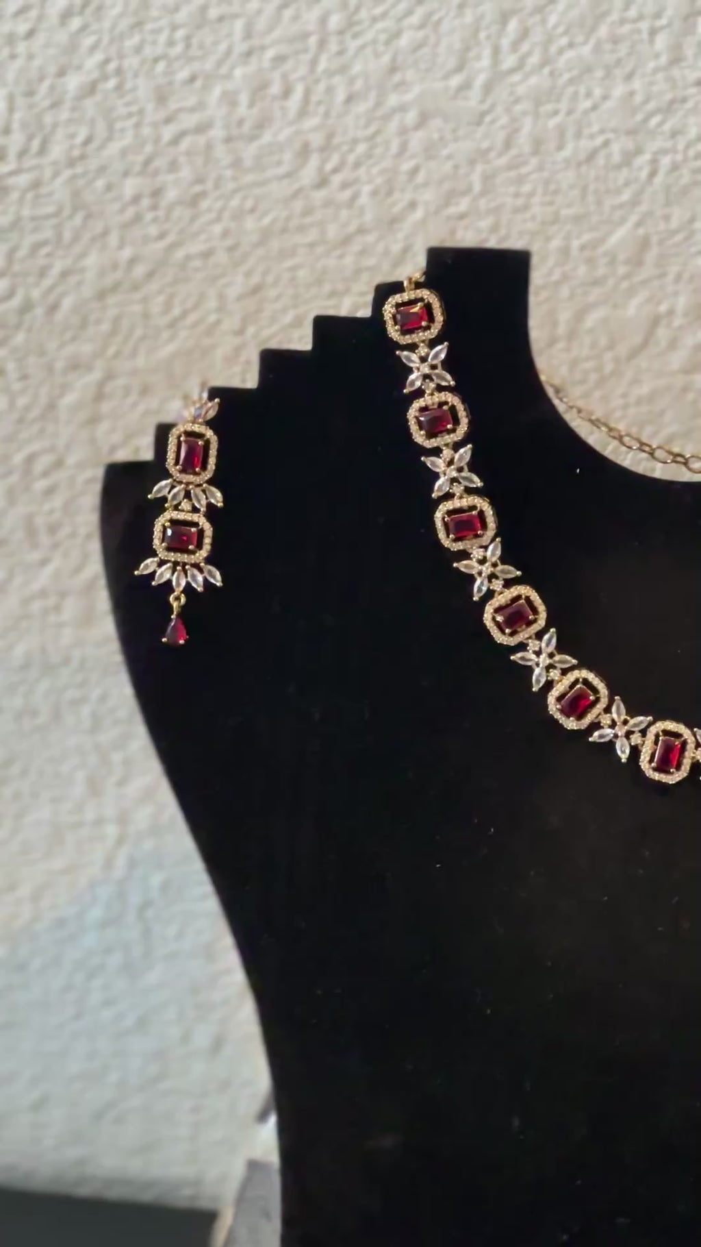 American Diamond Necklace with Earrings: Ruby